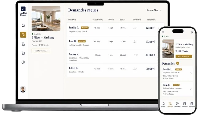 Tableau de bord propriétaire LuxFlat Direct affichant les demandes des locataires et les outils de gestion des biens