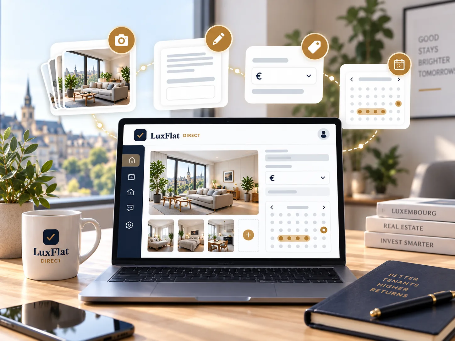 Éditeur d’annonce LuxFlat Direct avec photos du bien, description, prix et calendrier de disponibilité