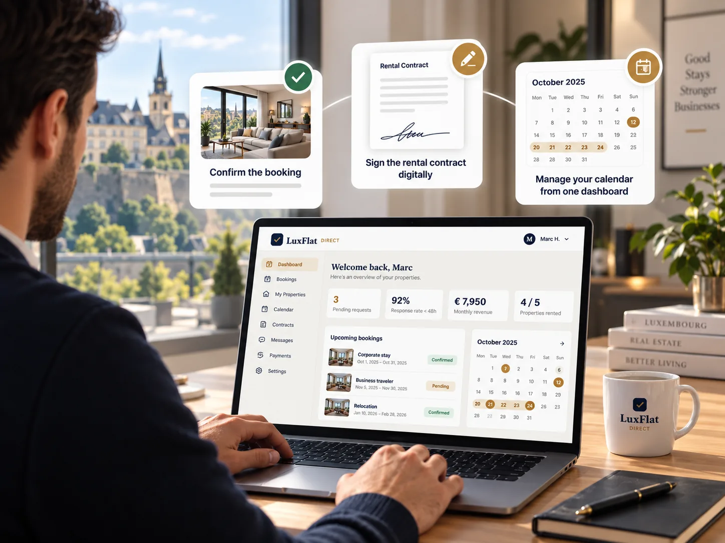 Propriétaire confirmant une réservation, signant le contrat de location par voie numérique et gérant son calendrier sur LuxFlat Direct