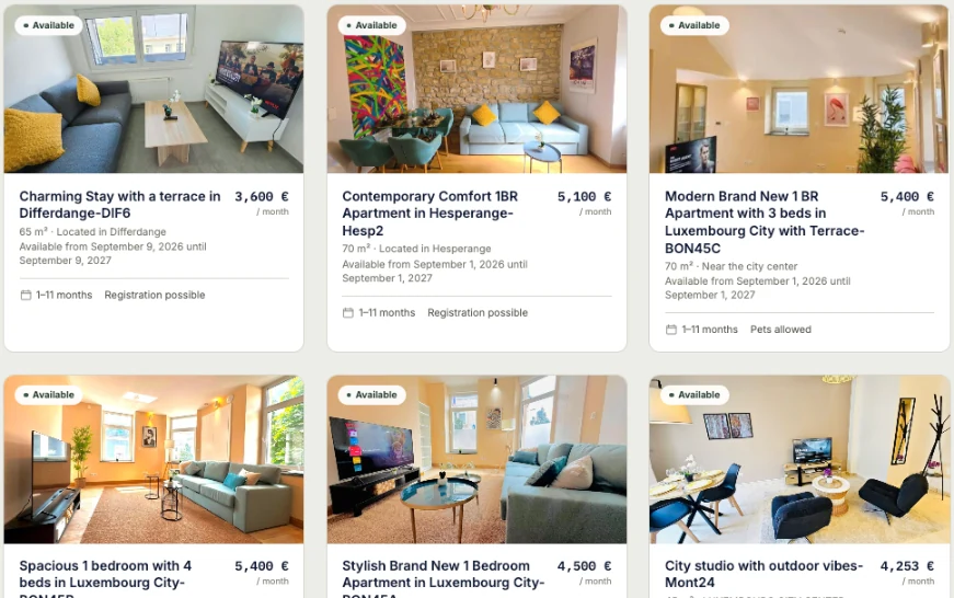 Résultats de recherche Rentmovo pour des locations meublées au Luxembourg, chaque annonce affichant son prix mensuel tout compris, sa surface, ses dates de disponibilité et la durée de séjour.