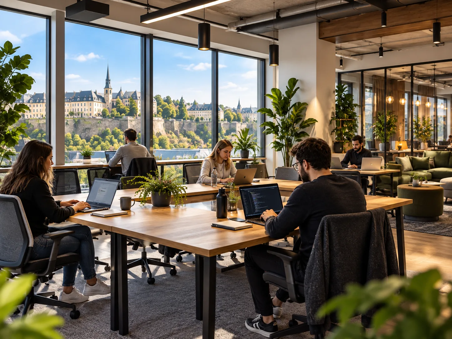 Espace de coworking au Luxembourg avec des postes partagés et des indépendants au travail