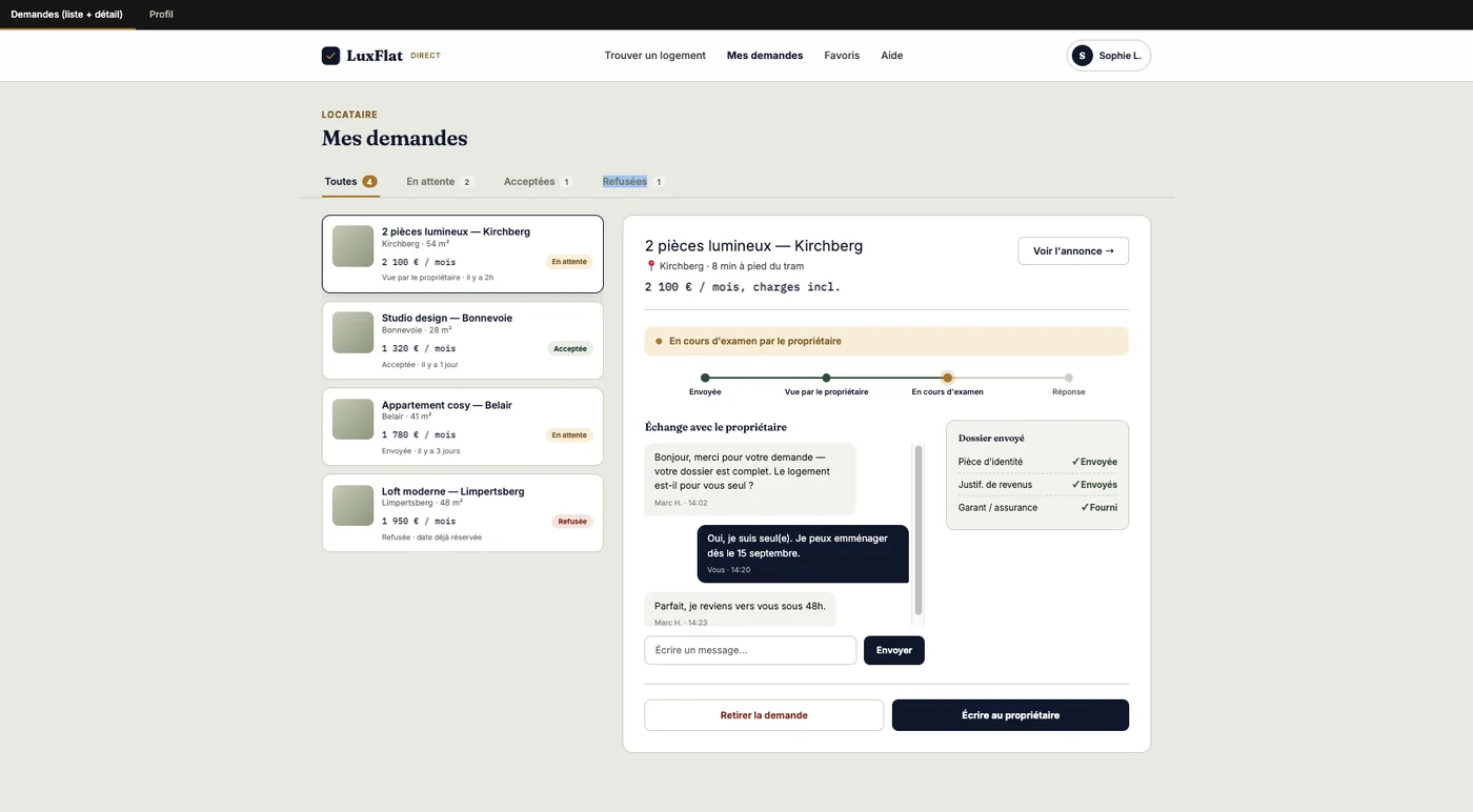 Screenshot: tenant profile page with the dossier checklist, items completed