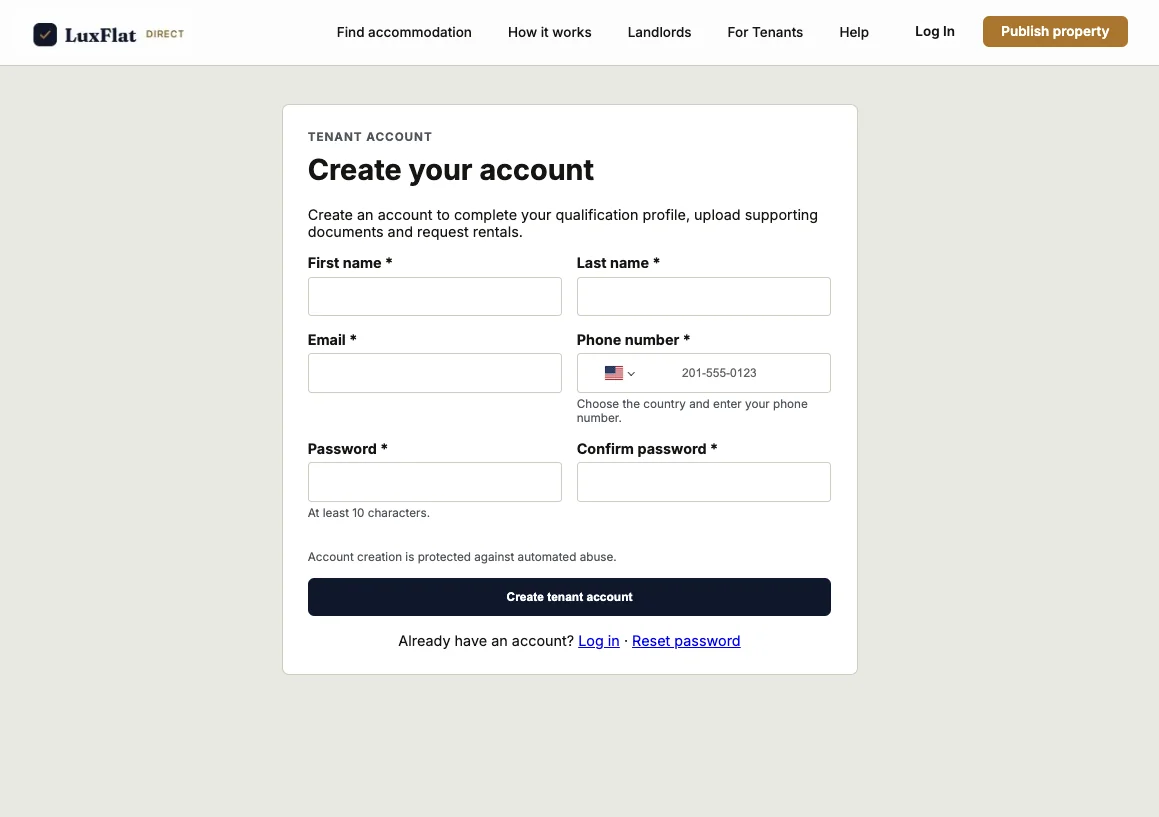 Formulaire d’inscription locataire LuxFlat Direct avec les champs nom, e-mail, téléphone et mot de passe