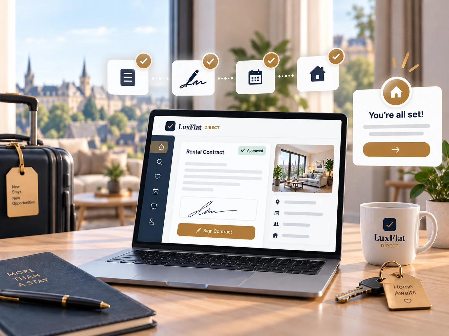 Locataire signant en ligne un contrat de location approuvé sur LuxFlat Direct, les clés prêtes pour l’emménagement